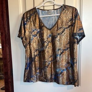 Peter Nygard Top in Beautiful Blues and Copper.  Wonderful Silky Feel.